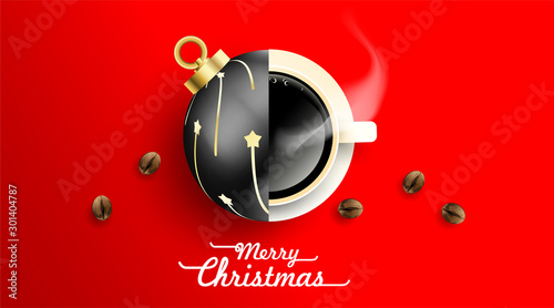 Christmas balls and cup of coffee with coffee beans on red background from above. Hot drink smell of christmas. Winter coffee shop advertisement background. -Vector