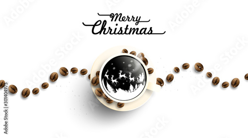 Merry christmas in cup off coffee and beans on white background from above. Hot drink smell of christmas. Santa ride reindeer sleigh. Winter coffee shop advertisement background. -Vector