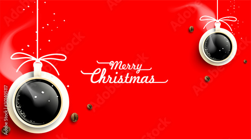 Cup of coffee with christmas decorations and coffee beans on red background from above. Hot drink smell of christmas. simple concept. Winter coffee shop background. -Vector