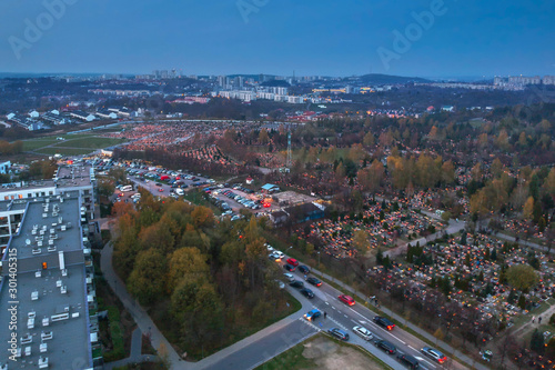 Aerial view of the Lostowicki cemetery in Gdansk at All Saints Day with thousands of candle lights, Poland