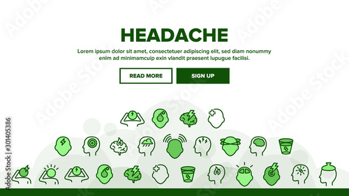 Collection Headache Elements Icons Set Vector Thin Line. Migraine Brain, Tension And Cluster Headache Symptom Linear Pictograms. Head Medical Problem Monochrome Contour Illustrations