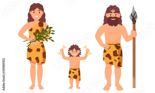 Cave people, Family With Prehistoric Attributes Vector Illustrations Isolated On White Background