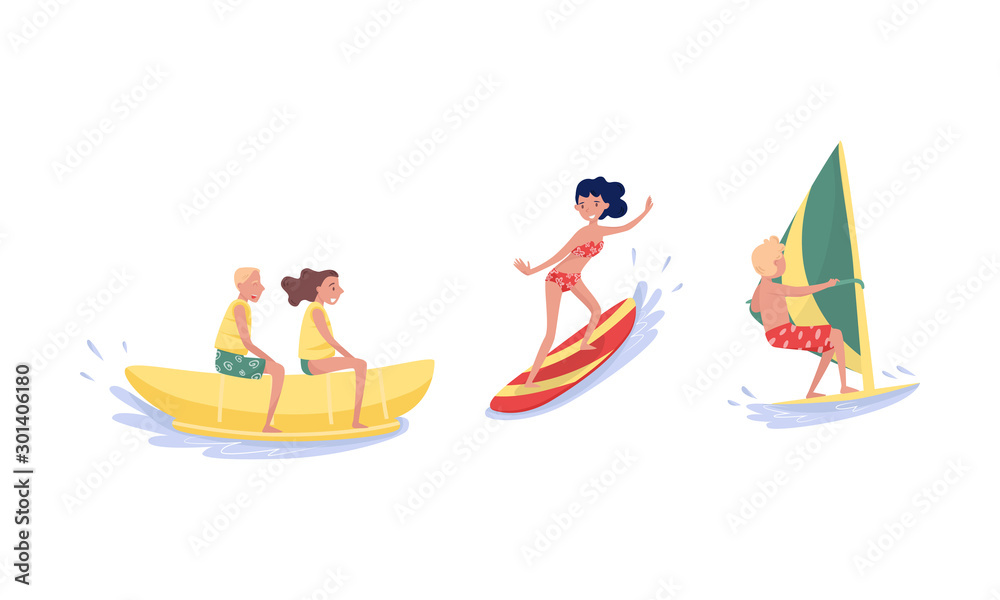 Different Kind Of People Sport And Leisure Water Activity Vector Illustration Set