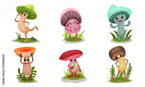 Set Of Cartoon Style Magic Mushrooms With Different Patterns Vector Illustrations
