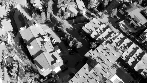 Buildings in Vail, Colorado. Aerial view on a beautiful summer morning, revealing city landscape in black and white photo