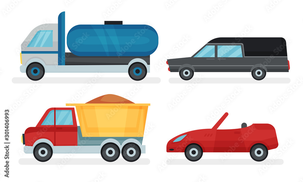 Four Different Urban And Industrial Transport Vehicles Vector Illustration