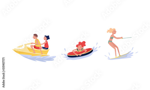 Different Kind Of People Having Fun Of Water Leisure Sport Activity Vector Illustration Set