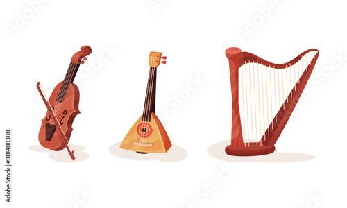Various Types of Stringed National and Classical Musical Instruments Vector Illustration Set Isolated On White Background
