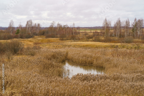Photography of Russian country side in rain. Autumn landscape in Tver region. Concepts of travel and touristic mood and beauty of nature in bad wet weather. Suitable for greeting cards, posters