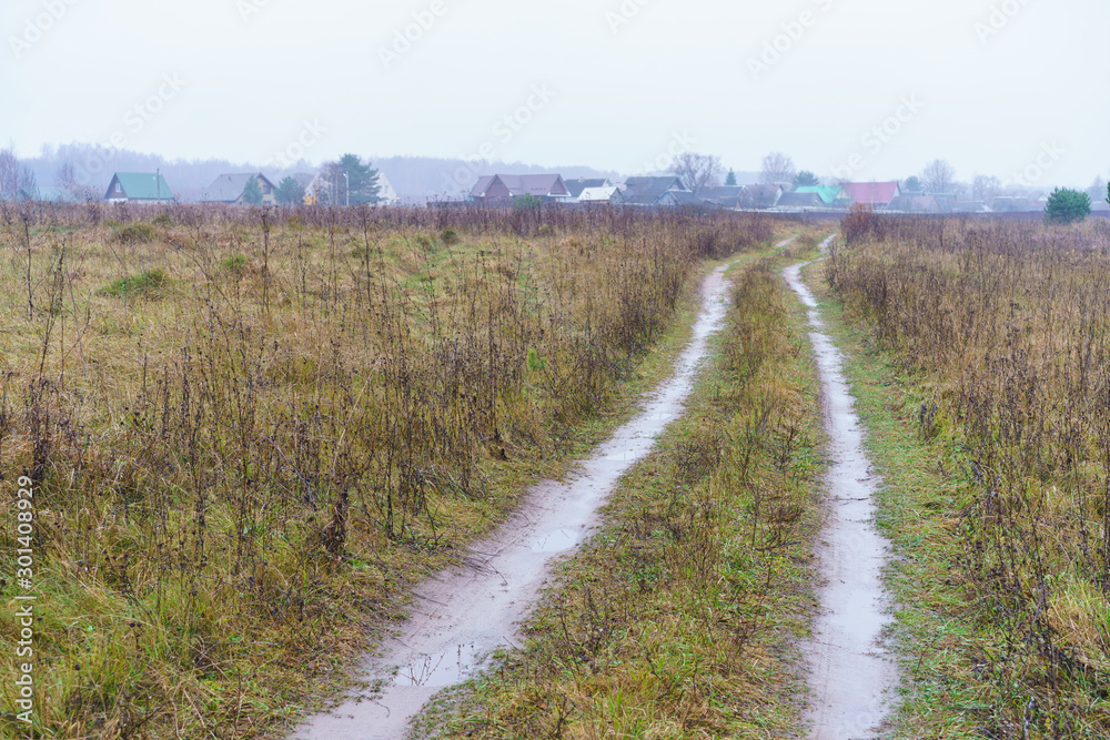 Photography of Russian country road in rainy day. Autumn landscape in Moscow region. Concepts of travel and touristic mood and beauty of nature in bad weather.