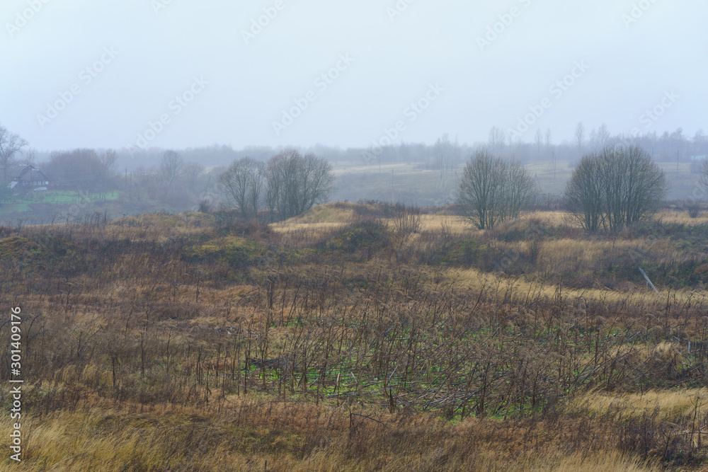 Fototapeta premium Photography of Russian country side in rain. Autumn landscape in Tver region. Concepts of travel and touristic mood and beauty of nature in bad wet weather. Suitable for greeting cards, posters 