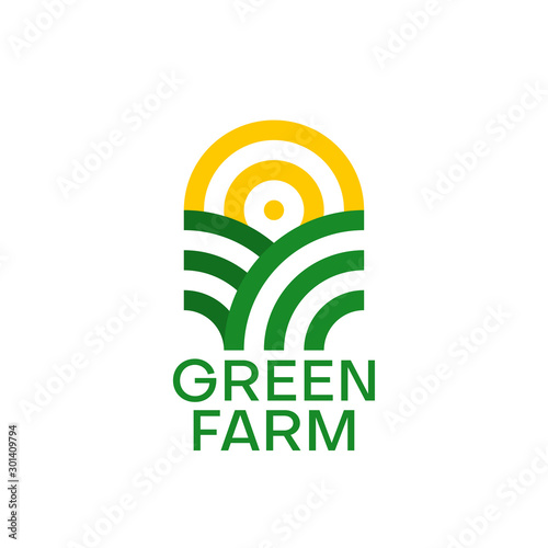 Farm logo design. Organic product. Sun and green field. Minimal vector emblem