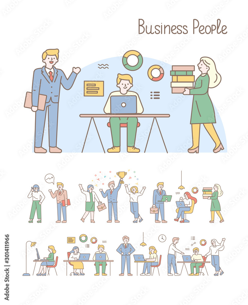 Teamwork line art vector set. Office workplace, meeting. People working together in the office. Flat vector illustration. Teamwork line art vector set. Office workplace, meeting. People working together in the office. Flat vector illustration.