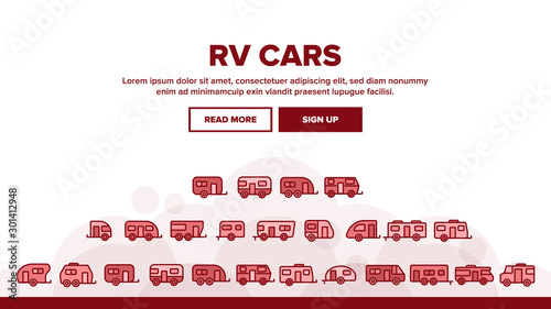 Collection Rv Camper Cars Vehicle Icons Set Vector Thin Line. Different Types Rv Cars, Trailer, Automobile And Home On Wheels Linear Pictograms. Travel Camping Monochrome Contour Illustrations