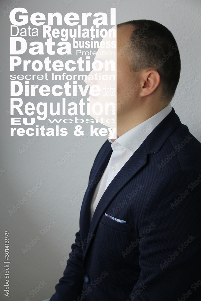 General Data Protection Regulation, GDPR on the face of a man in a business suit, information security concept and personal data protection, close-up, copy space General Data Protection Regulation, GDPR on the face of a man in a business suit, information security concept and personal data protection, close-up, copy space