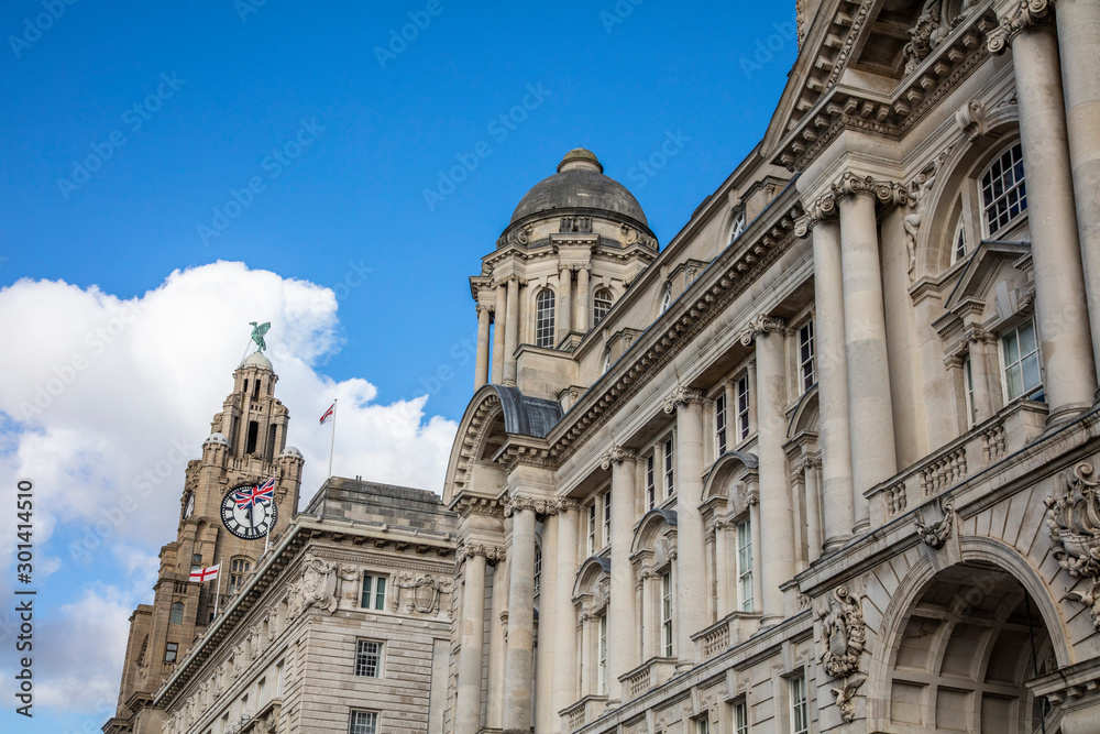 View of the iconic Royal Liver Building in Liverpool, UK