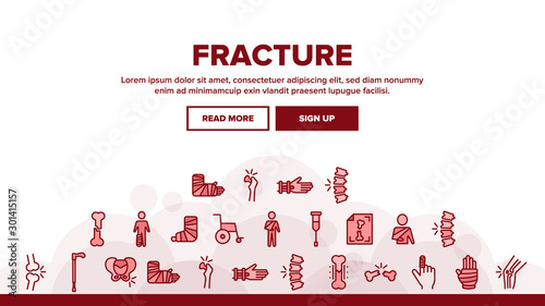 Collection Fracture Elements Vector Sign Icons Set Thin Line. Gypsum Foot And Hand Arm Crutch, Bones Fracture Linear Pictograms. Medicine Details And Character Monochrome Contour Illustrations