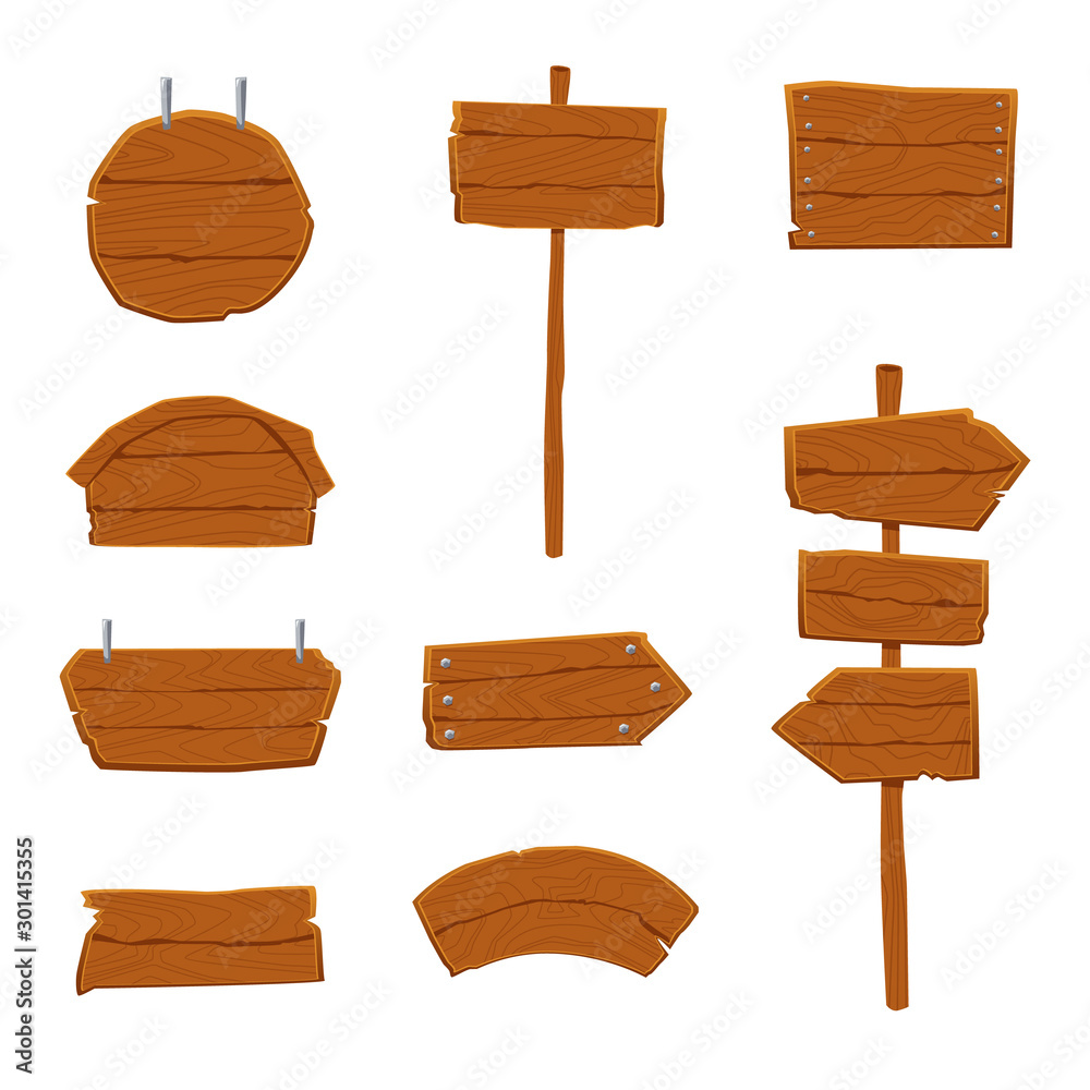 Wooden road signs and arrows collection, vector cartoon illustration ...