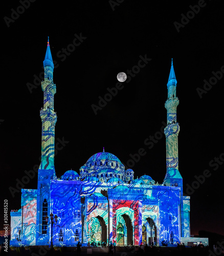 Sharjah Light Festival and Laser Show at Al Noor Mosque at Sharjah Corniche, Sharjah, United Arab Emirates photo