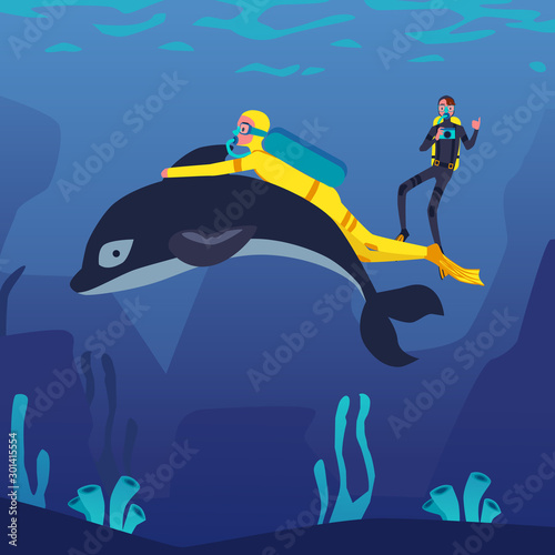 Cartoon man scuba diving with dolphin underwater - diver in yellow costume