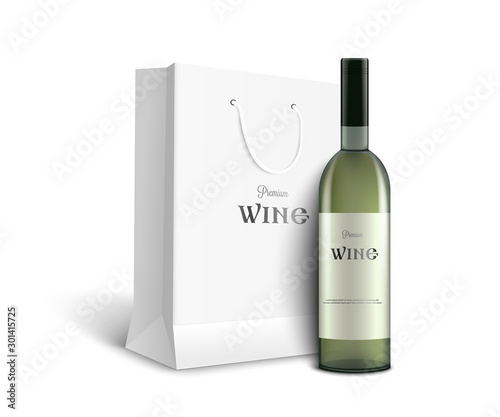 Wine bottle with paper gift pack mockup realistic vector illustration isolated.