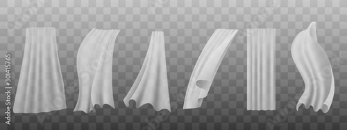White silk curtain set hanging and flowing in the wind - realistic vector illustration