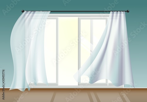 Window with white curtains fluttering by wind, realistic vector illustration on interior.