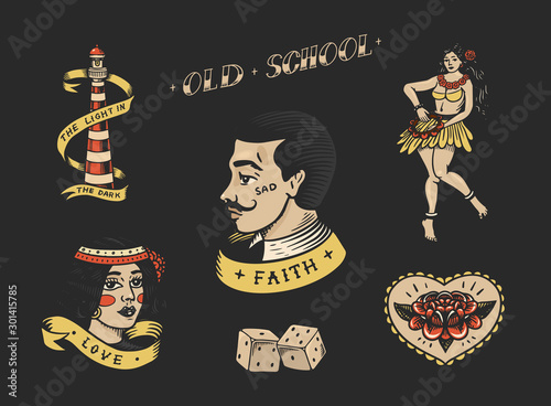 Set of vintage old school Tattoo. Characters Playing Cards, Hawaiian hula dancer woman, lips and lighthouse, panther, dice and snake. Engraved hand drawn sketch. Badges, print or patches for t-shirt. 