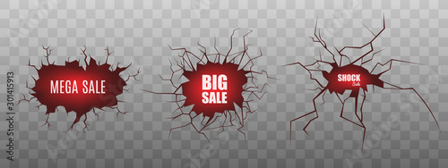Set of Big Sale banners on cracked wall realistic vector illustration isolated.