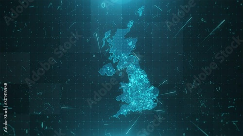 United Kingdom map with with animation camera, glowing round connections in different places and other visual effects.