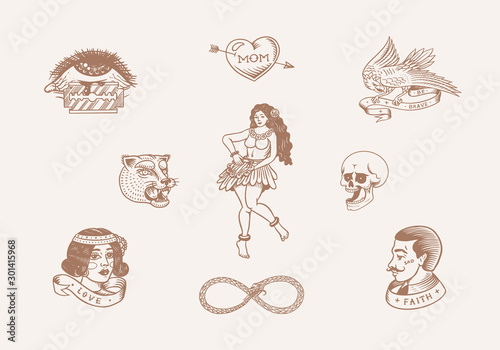 Old school Tattoo stickers set. Hawaiian hula dancer woman, hipster man, lighthouse, panther, skull and snake. Engraved hand drawn vintage retro sketch for notebook or logo.