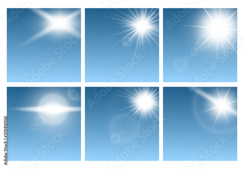 Sun rays effect templates set, realistic vector illustration on blue background. © sabelskaya