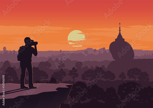 tourist take photo of famous pagoda,landmark of Myanmar on sunset time,vintage color style,vector illustration