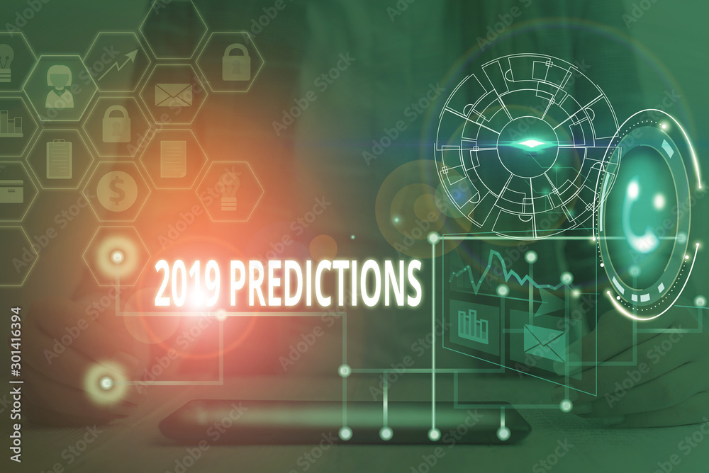 Conceptual hand writing showing 2019 Predictions. Concept meaning statement about what you think will happen in 2019 Picture photo network scheme with modern smart device Conceptual hand writing showing 2019 Predictions. Concept meaning statement about what you think will happen in 2019 Picture photo network scheme with modern smart device