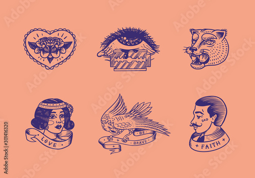 Set of vintage old school Tattoo. Characters Playing Cards, Hawaiian hula dancer woman, lips and lighthouse, panther, dice and snake. Engraved hand drawn sketch. Badges, print or patches for t-shirt. 