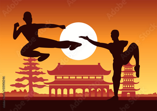Chinese Boxing Kung Fu martial art famous sport,monk Train to fight,around with Chinese temple,sunset silhouette design