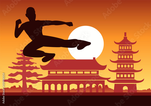 Chinese Boxing Kung Fu martial art famous sport,monk Train to fight,around with Chinese temple,sunset silhouette design