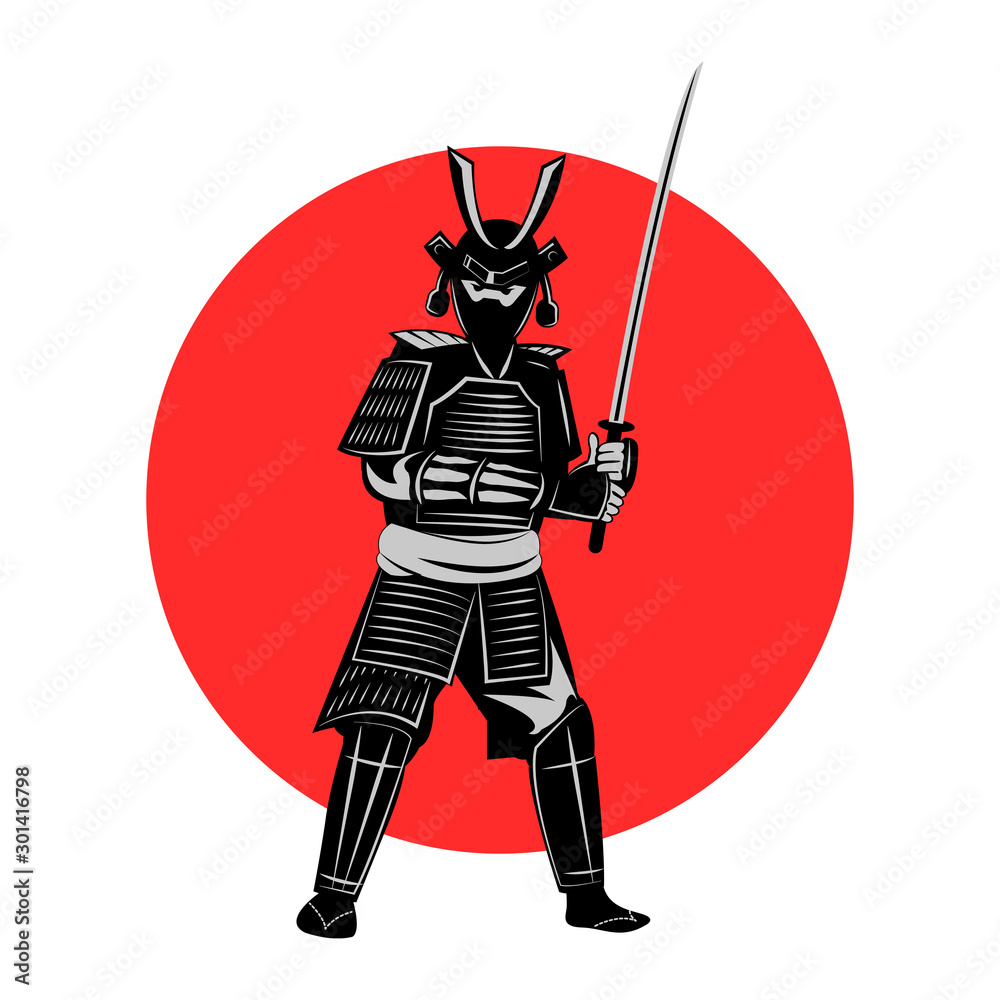 Fototapeta premium Samurai hold sword in front of red circle,warrior of japan,monochrome realistic design,vector illustration