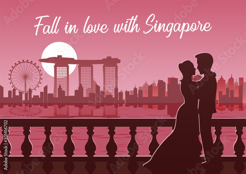 lover hug together nearby of famous tower,the top landmark of Singapore on sunset time,vintage color,vector illustration