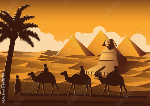 caravan of camel pass Pyramid,landmark of Egypt on sunset time,yellow color style,vector illustration