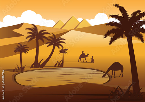 Camel drink water in oasis desert nearby Pyramids silhouette design vector illustration