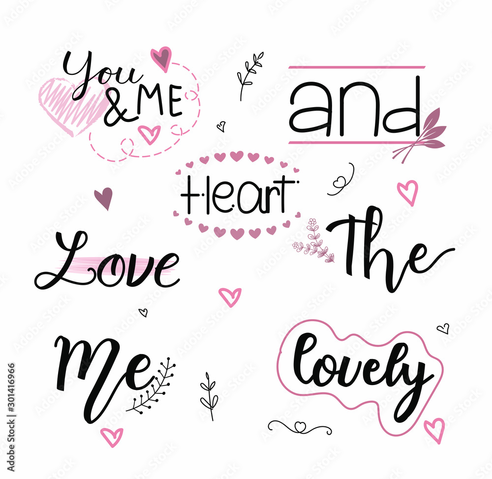 Catchwords Collection Romantic with Handwritten font. Prepositions vector set. Illustration catchwords. I Love You. Engagement invitation card