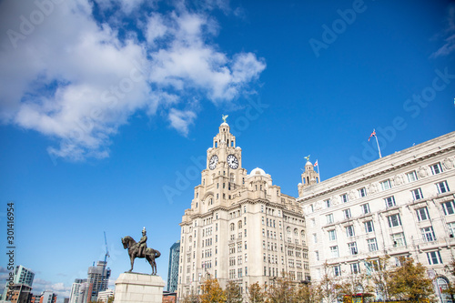 View of the iconic Royal Liver Building in Liverpool, UK