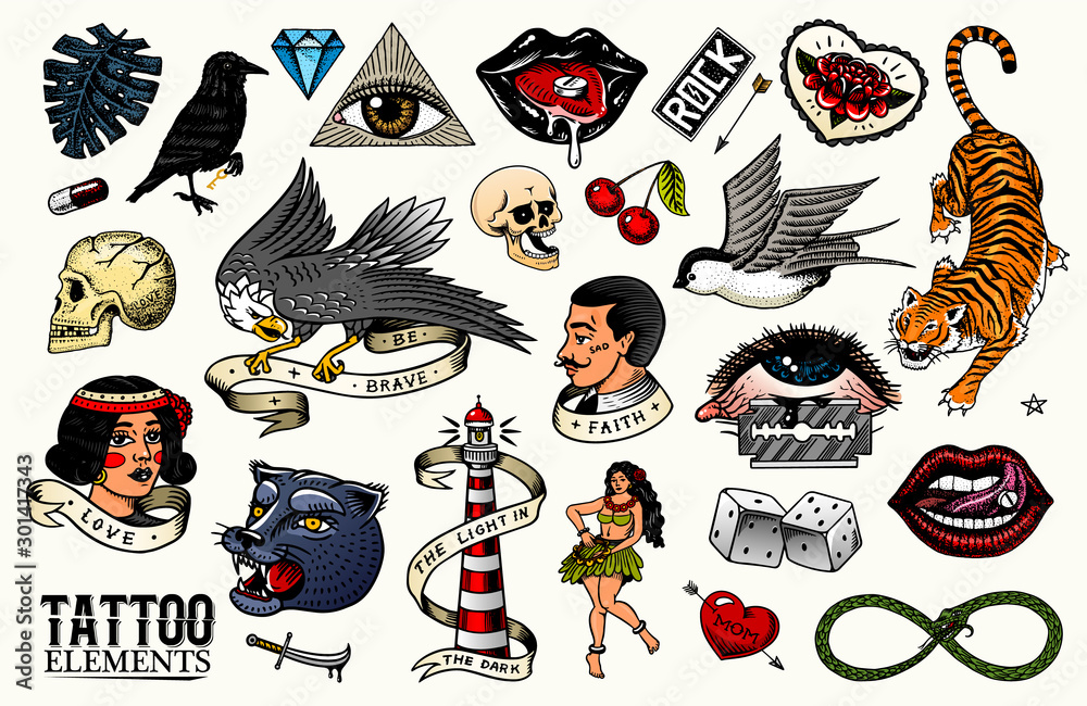 Old school Tattoo set. tiger and lips, eagle and swallow, skull and bird in rock style. Engraved hand drawn vintage retro sketch for notebook or logo or t-shirts.