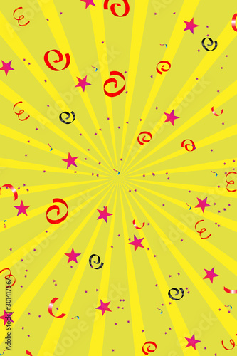 stars, balloons and ribbons on a yellow background. Light festive background