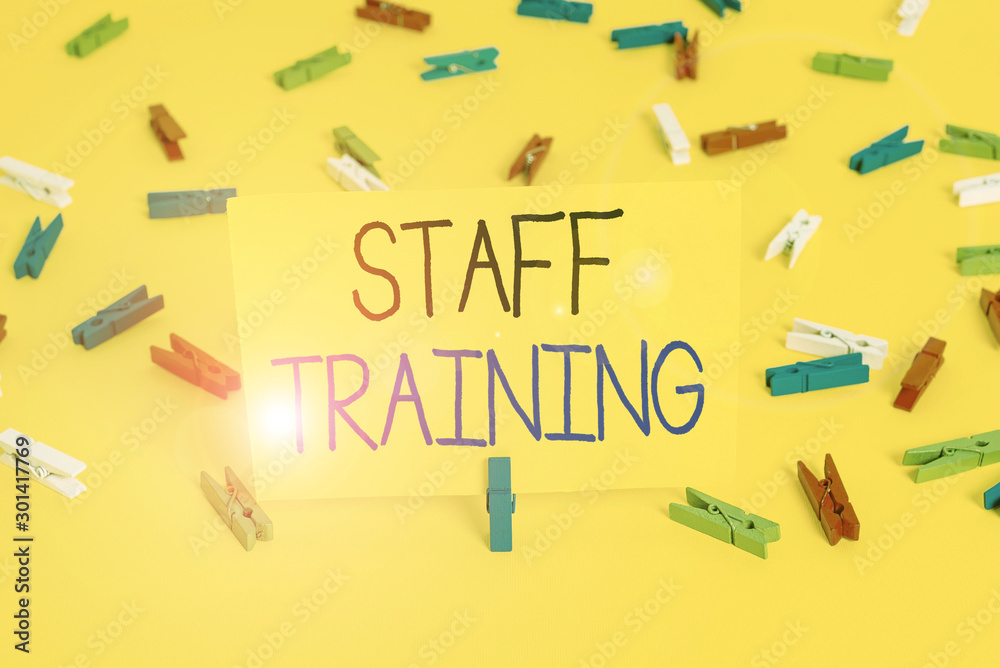 Text sign showing Staff Training. Business photo text program that helps employees learn specific knowledge Colored clothespin papers empty reminder yellow floor background office Text sign showing Staff Training. Business photo text program that helps employees learn specific knowledge Colored clothespin papers empty reminder yellow floor background office