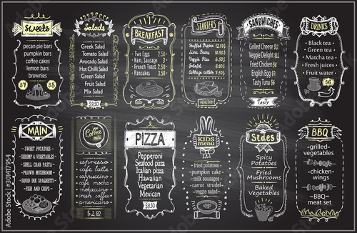 Stampa su Tela Chalk menu set on a blackboard - sweets, salads, breakfast, starters, sandwiches, etc