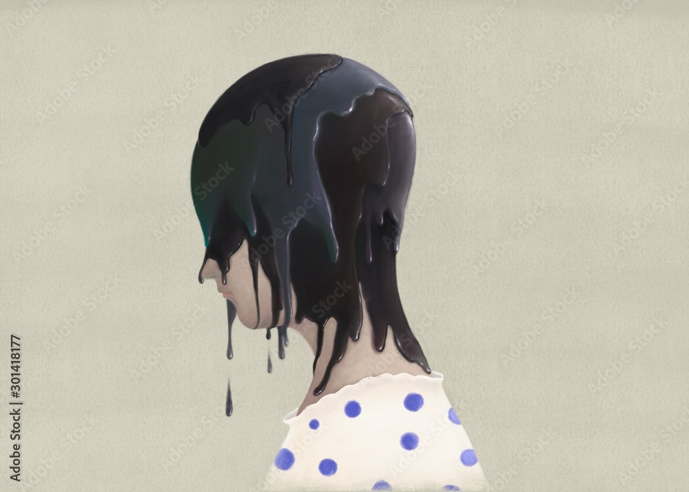 Fototapeta Surreal scene of Sad and depression woman concept, alone, lonely, emotion, fantasy painting illustration