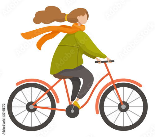 Girl riding bike outdoor in autumn season. Woman cycling on bicycle to get her destination quickly. Lady in warm clothes like coat and scarf. Wheeled transport, vector illustration in flat style