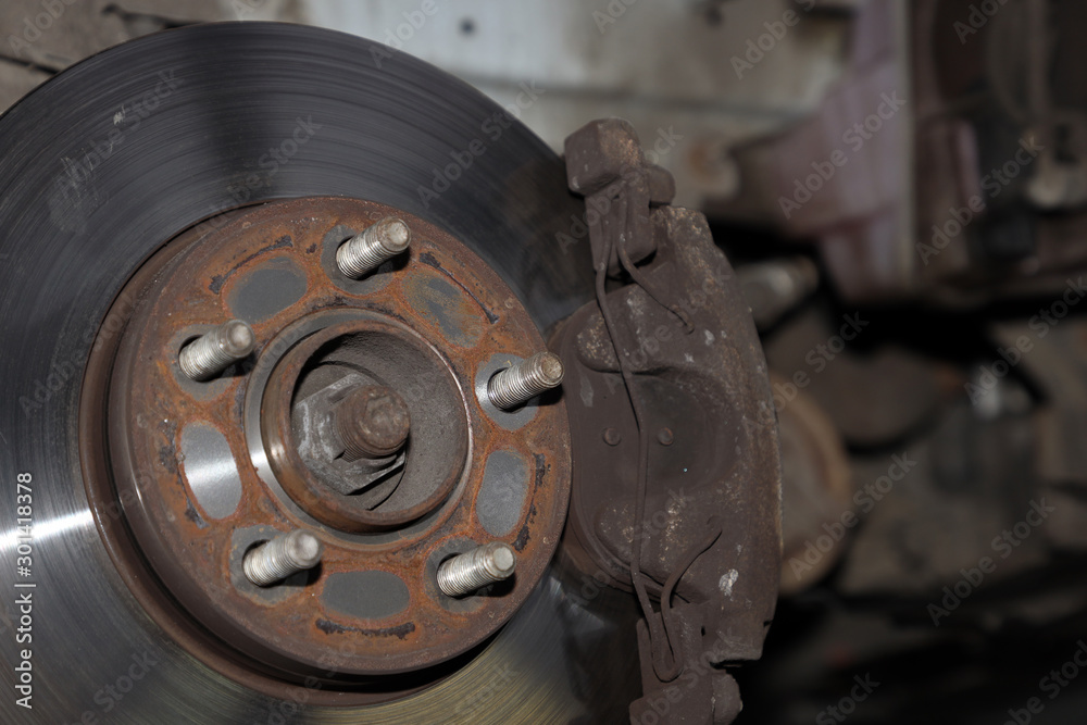 brake discs and brake pads, disassembled wheel of a car